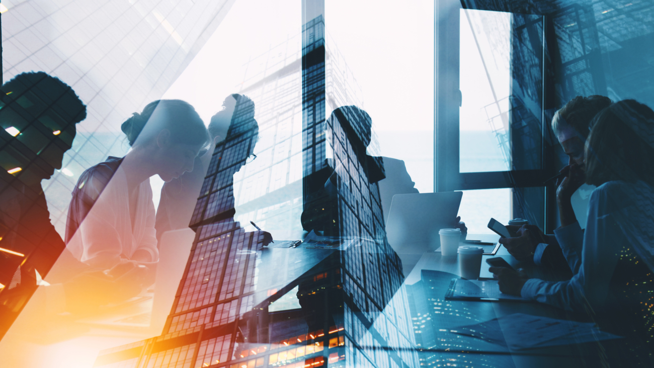 Business people collaborate together in office. Double exposure effects