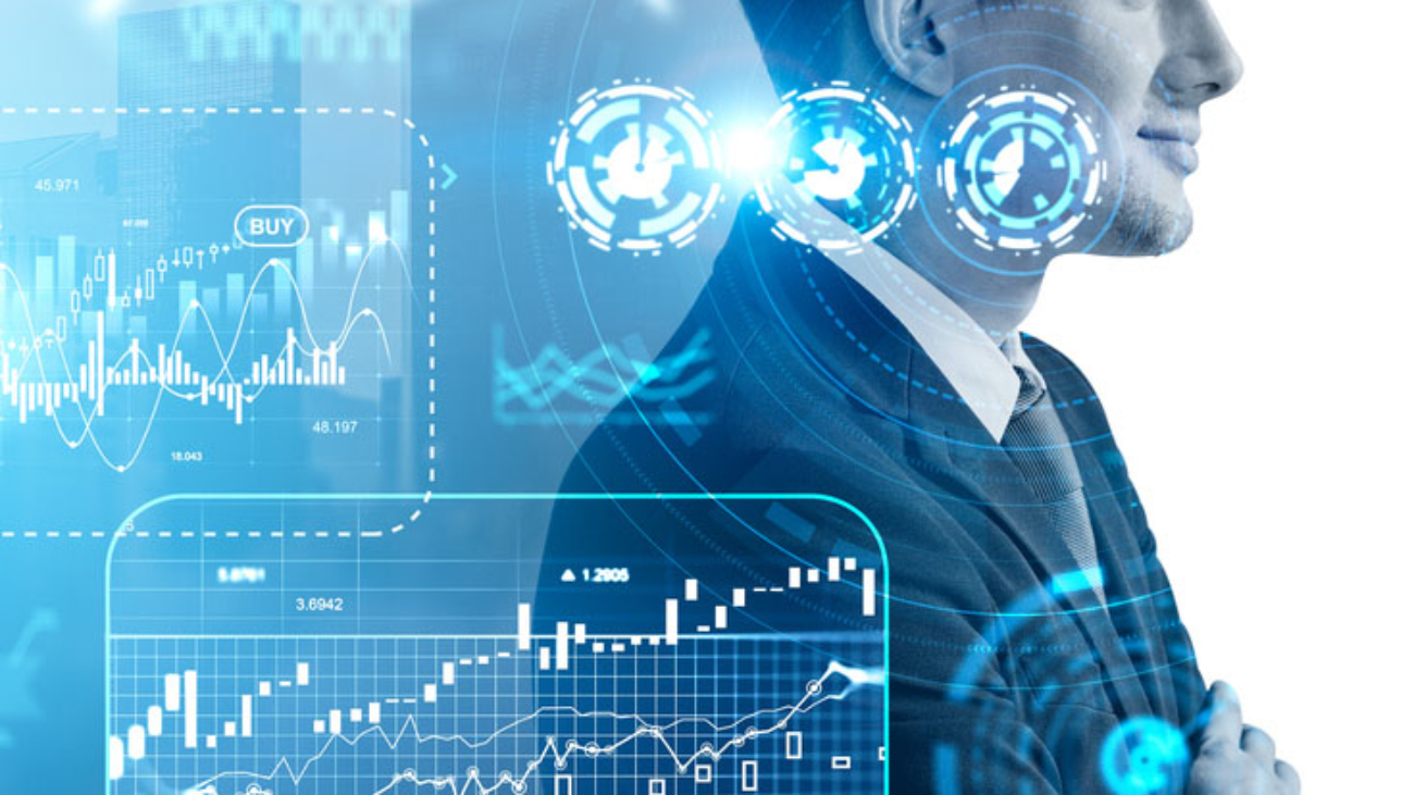Businessman smiling profile, forex hologram with diagrams, stock market hud with numbers and candlesticks. Worldwide business data with chart. Copy space